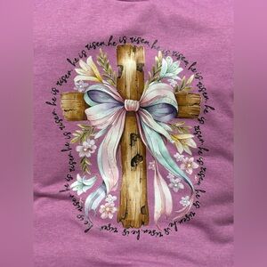 NEW Size XL Purple Graphic Tee with Cross and Floral Design
